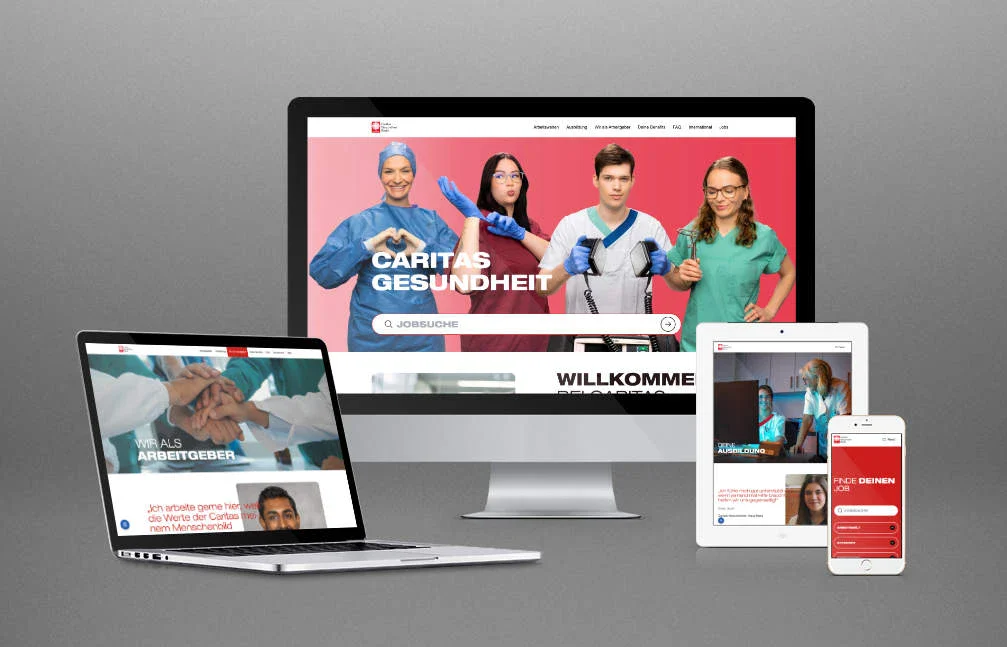 Ansicht der Caritas Gesundheit Webseite auf verschiedenen Geräten