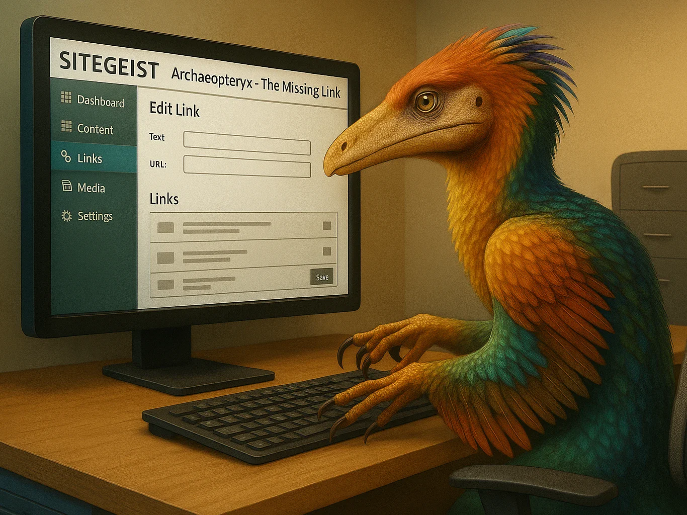 Zeichnung eines Vogels, der vor einem Computer steht.