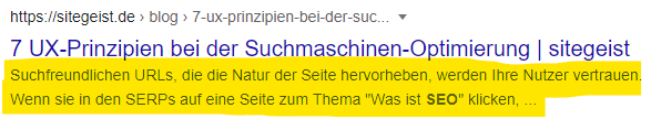 SEO Description-Tag Beispiel aus den SERPs Meta-Description Beispiel von sitegeist.de aus den Google SERPs