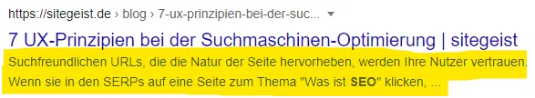 SEO Description-Tag Beispiel aus den SERPs Meta-Description Beispiel von sitegeist.de aus den Google SERPs