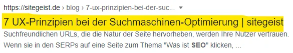 SEO Title-Tag Beispiel aus den SERPs Title-Tag Beispiel von sitegeist.de aus den Google SERPs