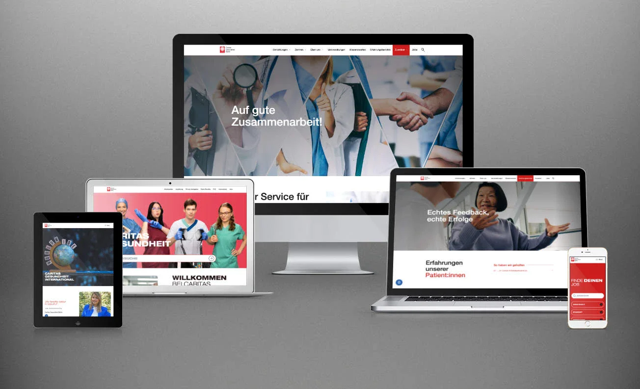 Ansicht der Caritas Gesundheit Webseite auf verschiedenen Geräten