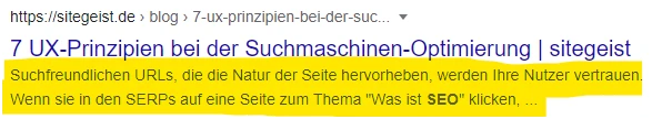 Meta-Description Beispiel von sitegeist.de aus den Google SERPs